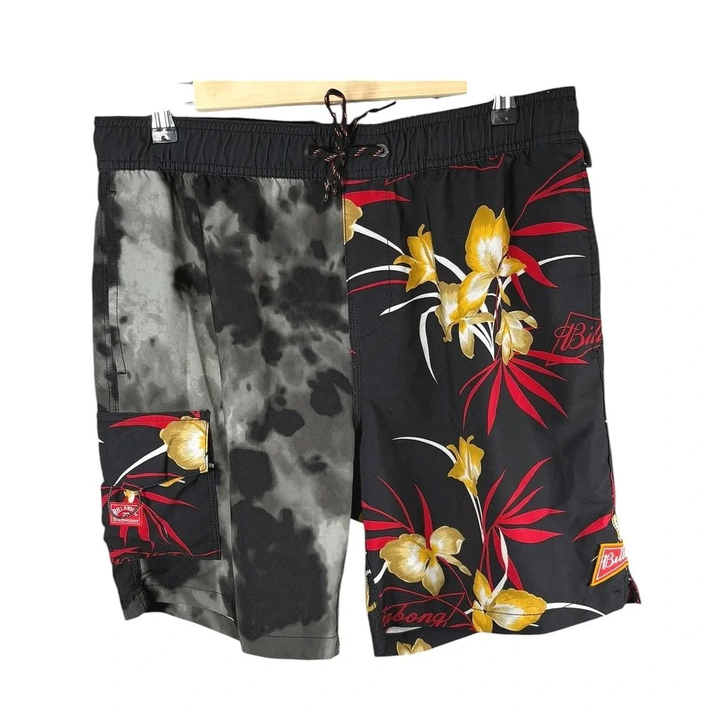 Billabong Budweiser Mens Board Shorts Floral Tie Dye Bottle‎ Opener Black Size M